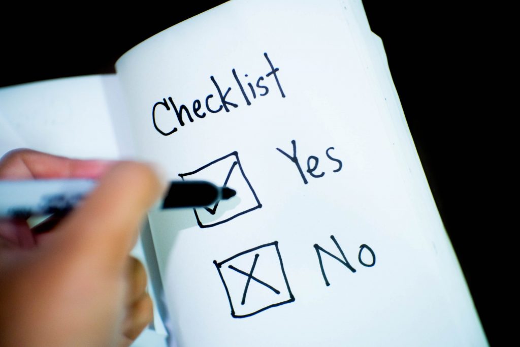 A checklist on paper that is to be implemented in Flutter using checkboxes in flutter.