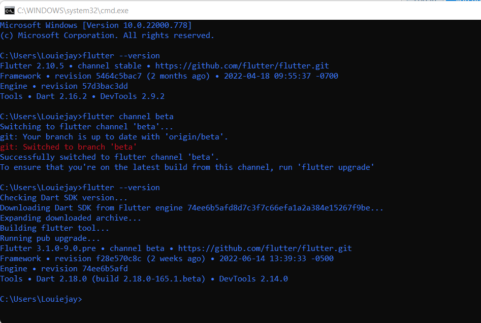 An image depicting a command prompt on how to downgrade flutter versions.