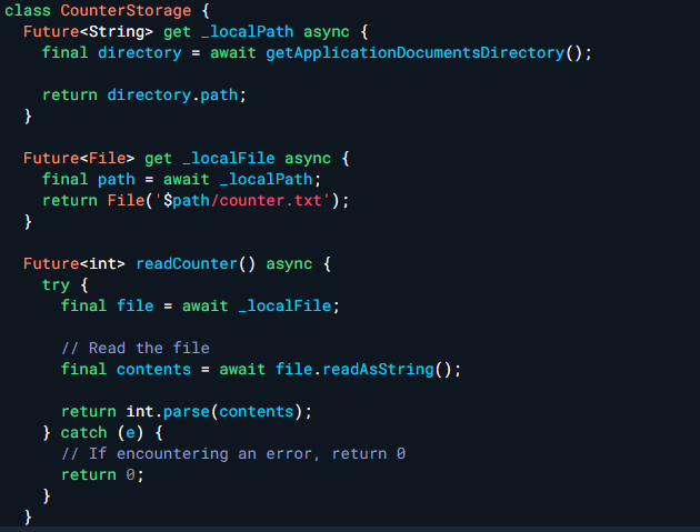 A code which are part of how to read and write files in Flutter.