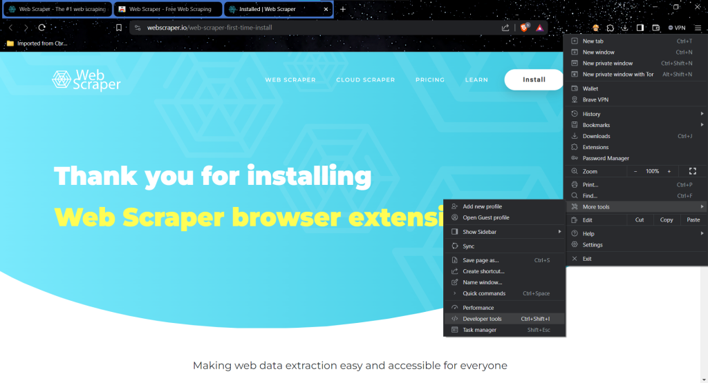 Accessing Web Scrapper through browser menu.