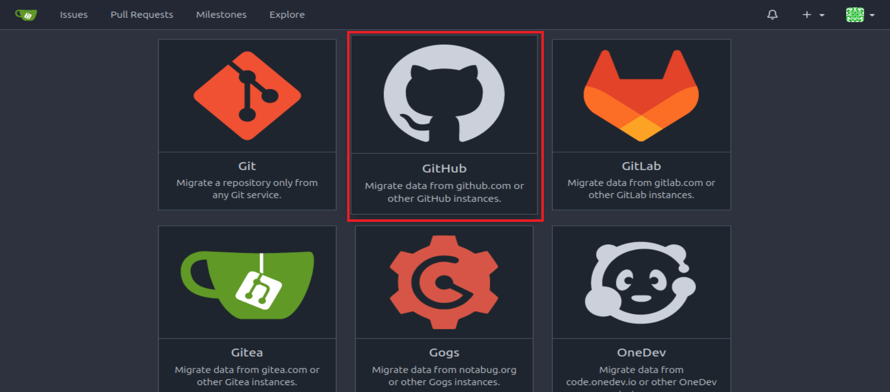 In the migration interface, choose GitHub as the source platform since we're migrating from GitHub to Gitea. This ensures that the migration tool is configured to pull data from your GitHub repository.