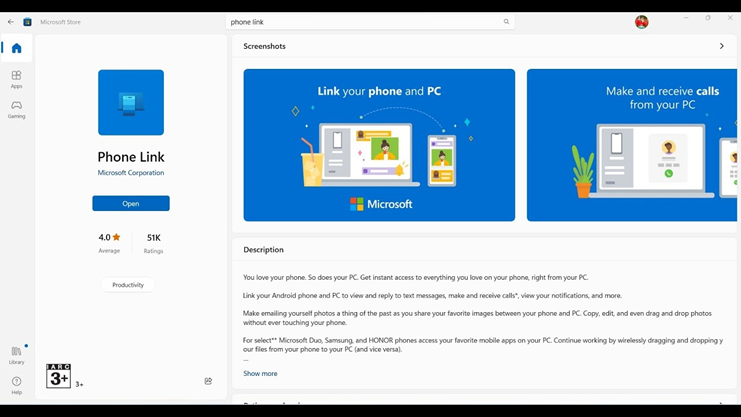 The Microsoft Store with the search term 'Phone Link' entered, emphasizing the app in the results.