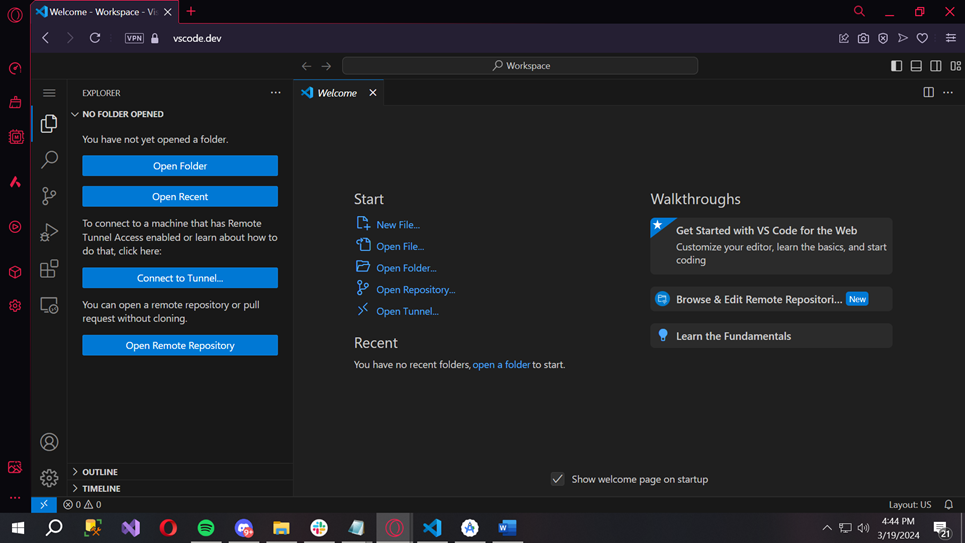 Screenshot of the vscode.dev homepage, showcasing the web-based code editor interface