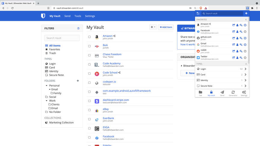 Bitwarden dashboard showcasing a list of securely encrypted password entries.