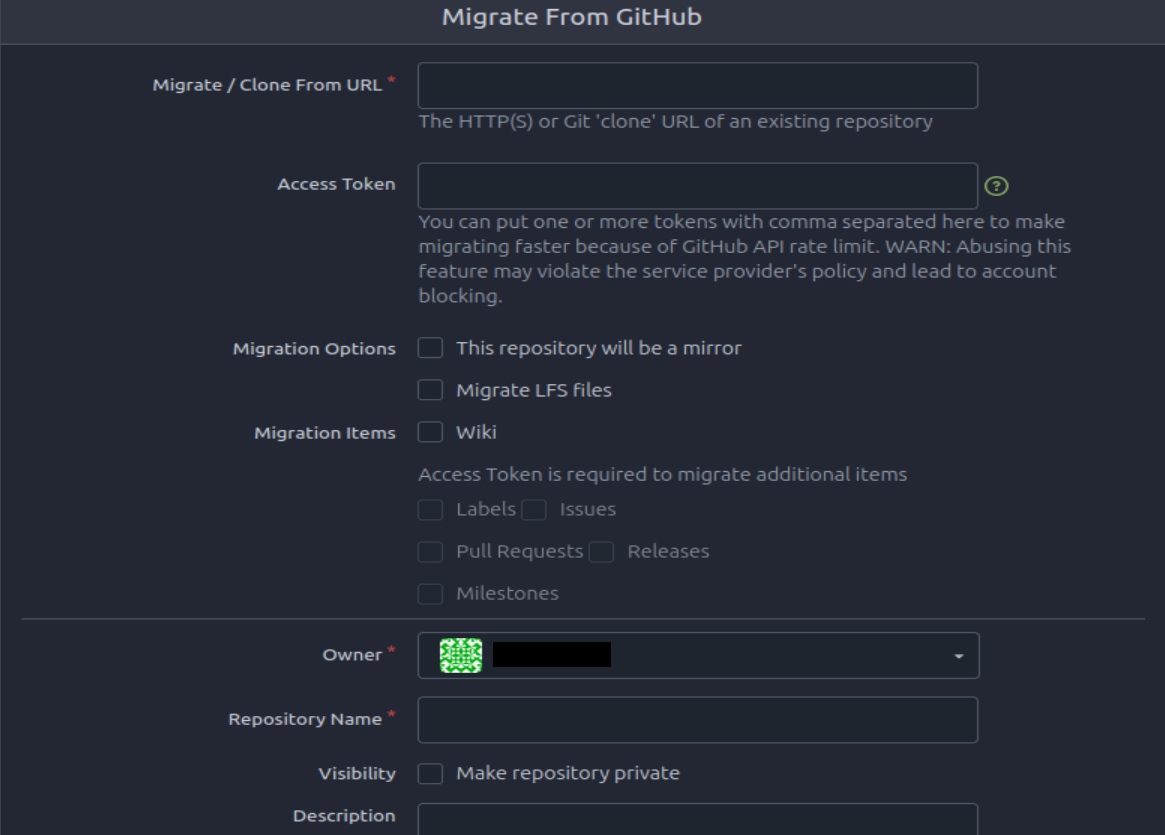 To proceed with the gitea migration, you'll need two essential pieces of information from your GitHub account: the repository URL and a personal access token.