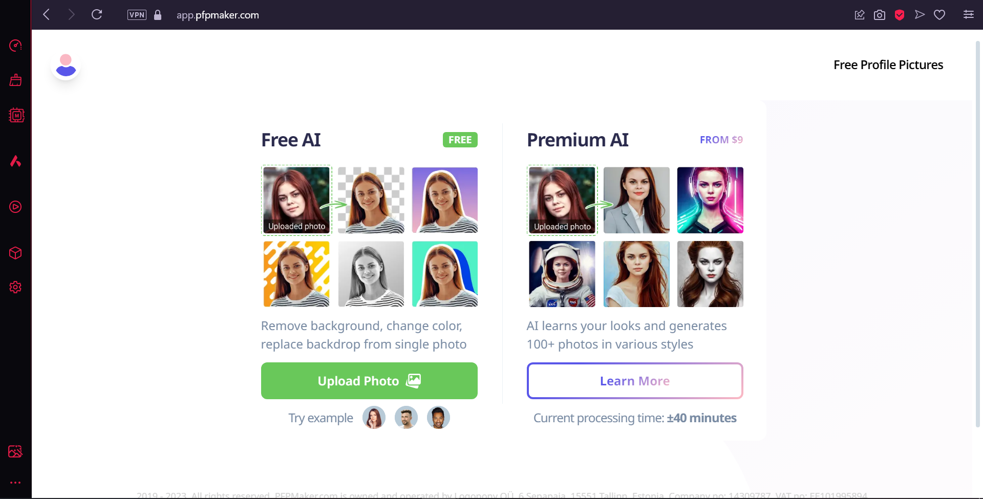 PFPMaker website showing various AI-generated profile picture options.