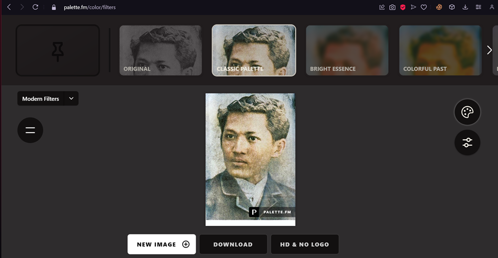 Screenshot of the Palette AI interface, showing the photo upload option and colorization style selection.