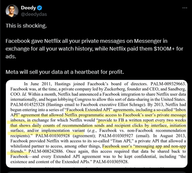 The screenshot appears to be a snippet of a court document mentioning Facebook providing access to private messages to Netflix in exchange for $100 million for ads.