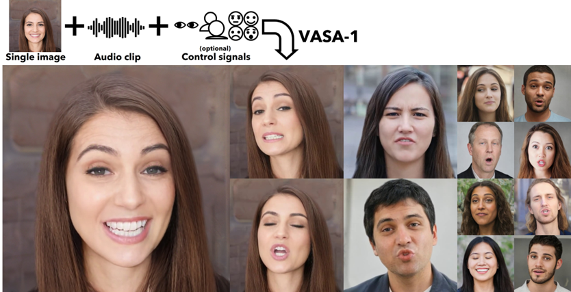 A captivating still from a VASA-1 generated video showing a person's face with natural expressions and head movements.