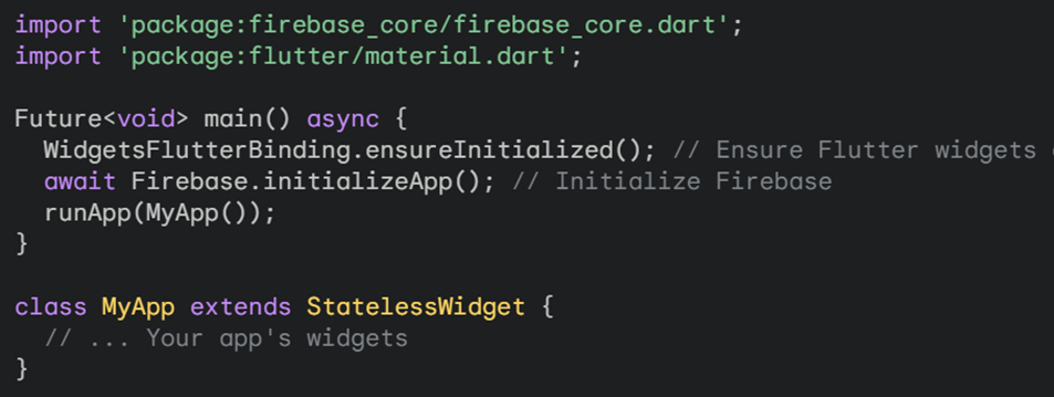A short code example demonstrating how to initialize Firebase within a Flutter application.