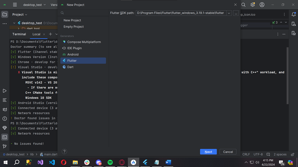 Android Studio interface showing the "Start a new Flutter project" dialog box with "New Flutter Project" selected.