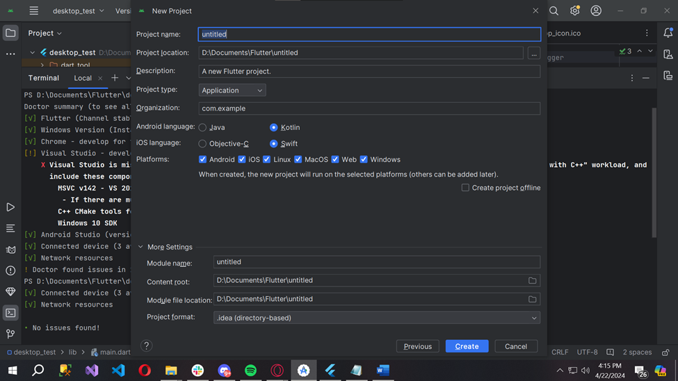 Flutter project configuration screen in Android Studio, displaying fields for project name, Flutter SDK path, project location, and description.