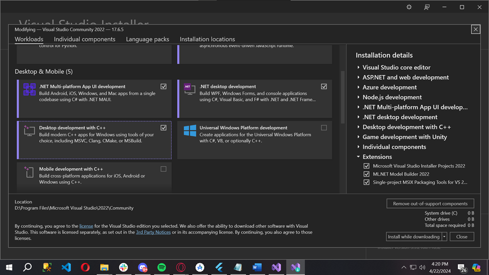 Visual Studio Installer window with the "Desktop development with C++" workload checkbox selected, ready for installation.