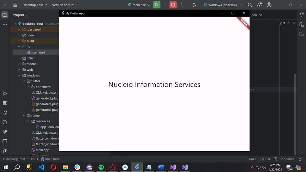 A simple Flutter desktop application running on Windows, featuring a title bar, central text, and a button.