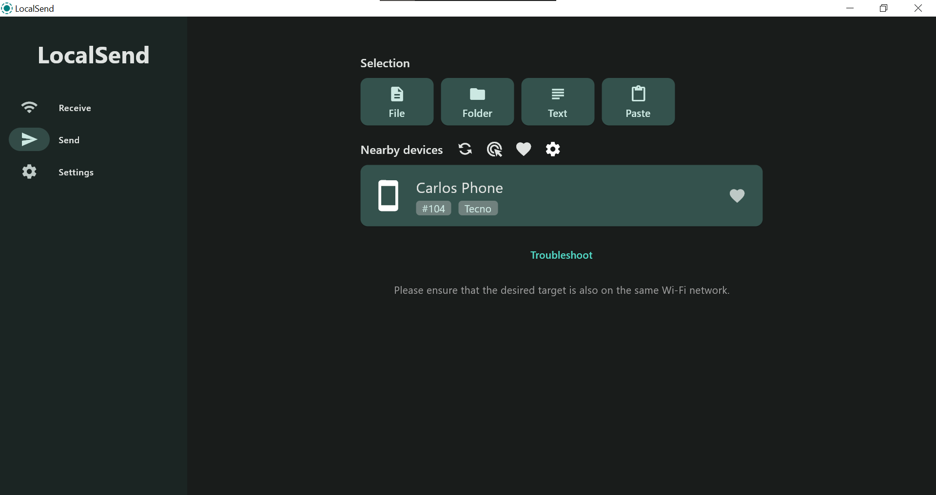 A screenshot of the LocalSend application on a Windows computer. The interface displays a "Send" menu with options to browse for files and folders to share.