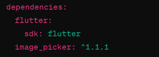Screenshot displaying the pubspec.yaml file with the added dependency for the image_picker package in a Flutter desktop project.