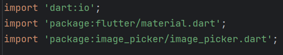 Screenshot showcasing the import statements in a Dart file for necessary packages including dart:io, flutter/material.dart, image_picker/image_picker.dart, and provider/provider.dart in a Flutter desktop project.