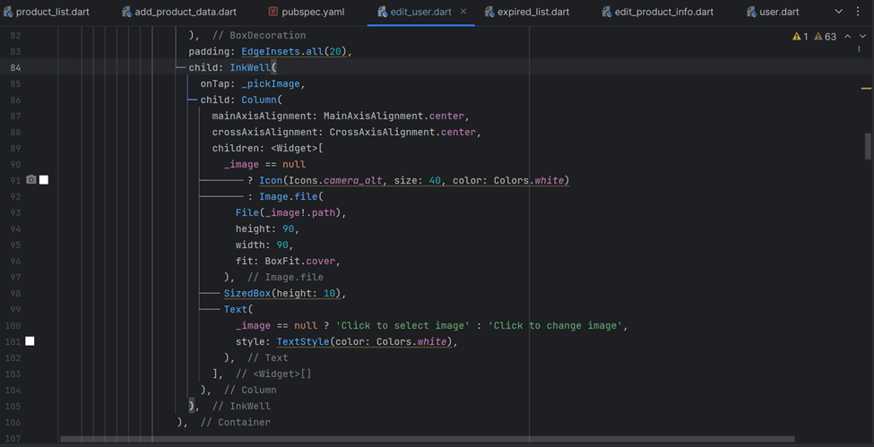 Screenshot illustrating the implementation of the image picker widget within a Flutter desktop application's UI code, utilizing an InkWell widget to trigger the image picker functionality.