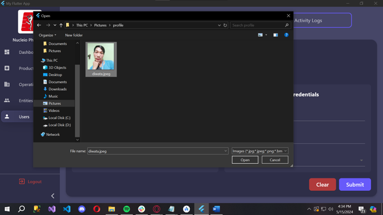 Screenshot demonstrating the usage of the implemented image picker functionality on a Windows desktop environment within a Flutter desktop application.